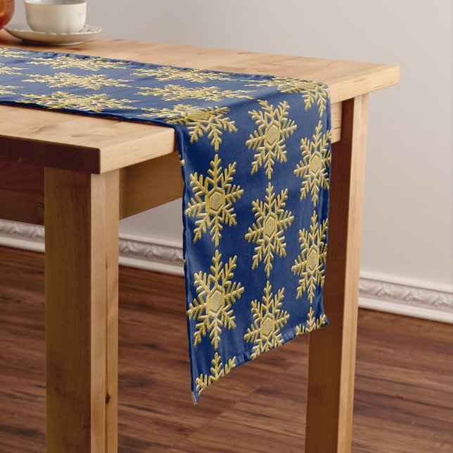 Gold Textured Snowflake on Royal Blue Table Runner (In Situ)