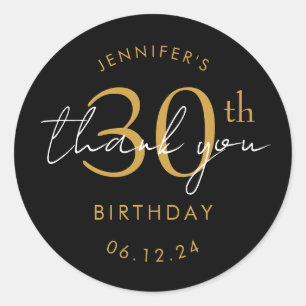 Gold "Thank You" 30th Birthday Party Black Classic Round Sticker