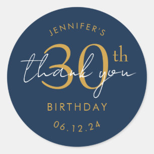 Gold "Thank You" 30th Birthday Party Navy Blue Classic Round Sticker