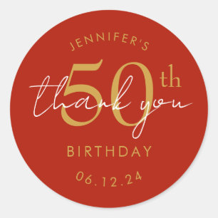 Gold "Thank You" 50th Birthday Party Red Classic Round Sticker