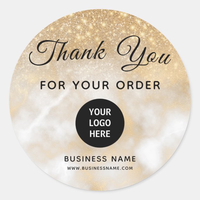 Gold Thank You Business Logo Glitter Classic Round Sticker (Front)