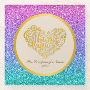 Gold Thank You Pink Purple Blue Glitter background Glass Coaster