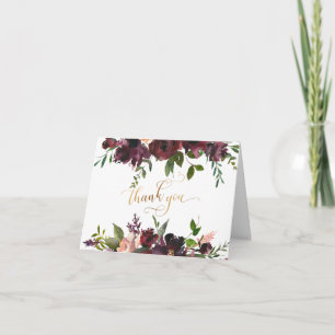 Gold Thank You Script, Red Burgundy & Blush Floral Card