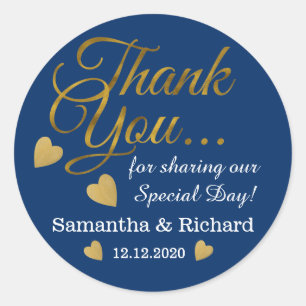 Gold Thank You Wedding Favour Blue Classic Round Sticker