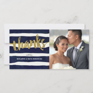 Gold Thanks Striped Wedding Photo Thank You Card