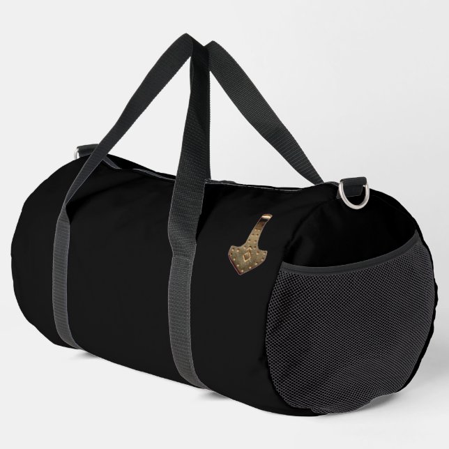 Gold Thor Hammer black duffel bag (Right Corner)