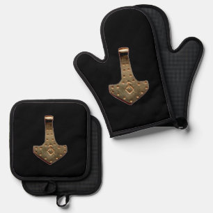 Gold Thor Hammer black oven mitts pot holders Oven Mitt & Pot Holder Set