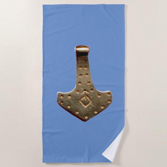 Gold Thor Hammer blue beach towel (Front)