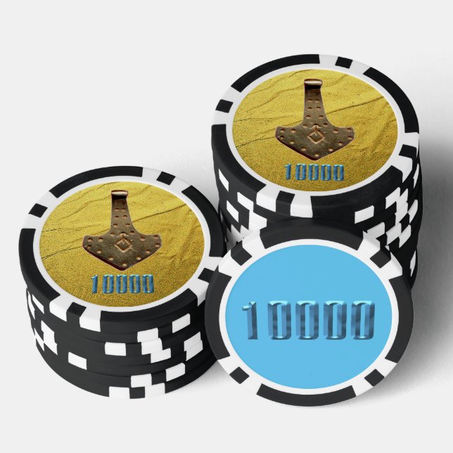 Gold Thor Hammer blue blkb 10K striped poker chip (Stack)