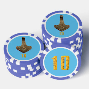 Gold Thor Hammer blue blue 10 striped poker chip