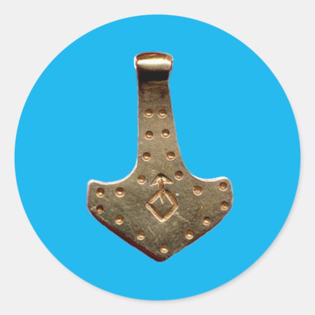 Gold Thor Hammer blue large round stickers (Front)