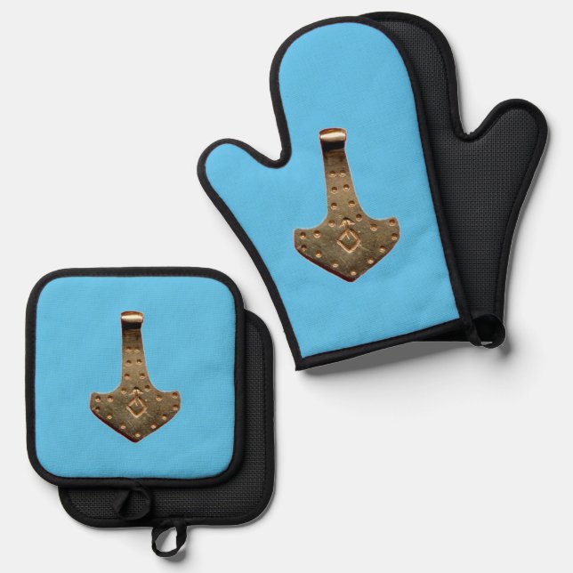 Gold Thor Hammer blue oven mitts pot holders Oven Mitt & Pot Holder Set (Front/Back)