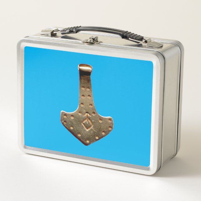 Gold Thor Hammer blue stainless lunchbox (Front)