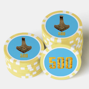 Gold Thor Hammer blue yellow 500 stripe poker chip