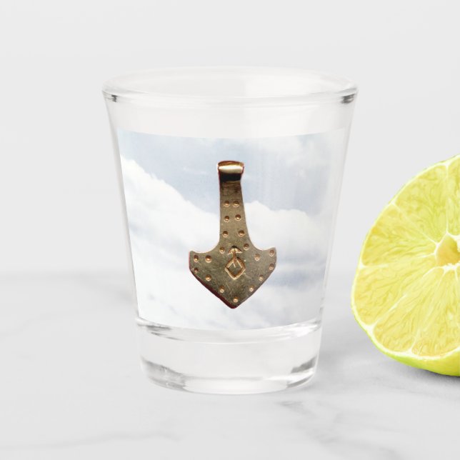 Gold Thor Hammer clouds shot glass (Front)