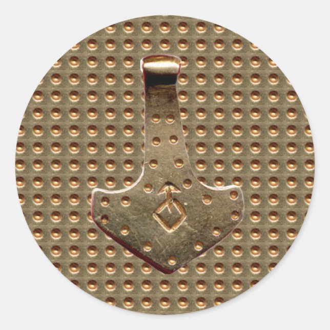Gold Thor Hammer Gold Indent large round stickers (Front)