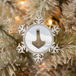 Gold Thor Hammer pewter snowflake ornament