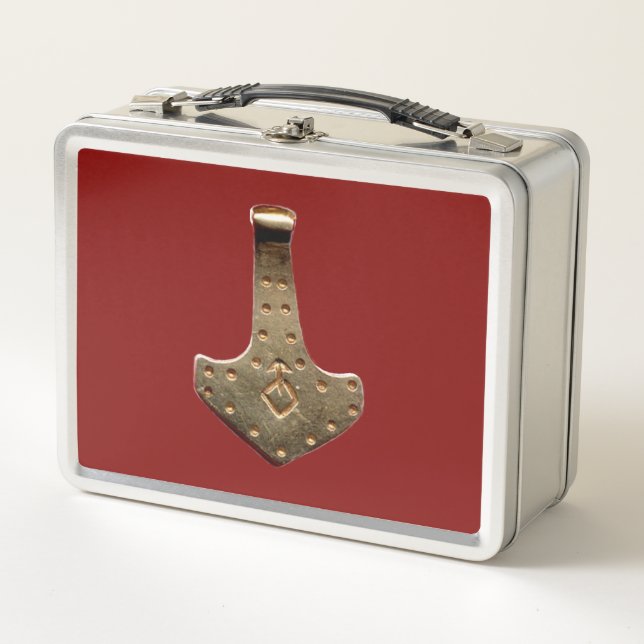 Gold Thor Hammer red stainless lunchbox (Front)