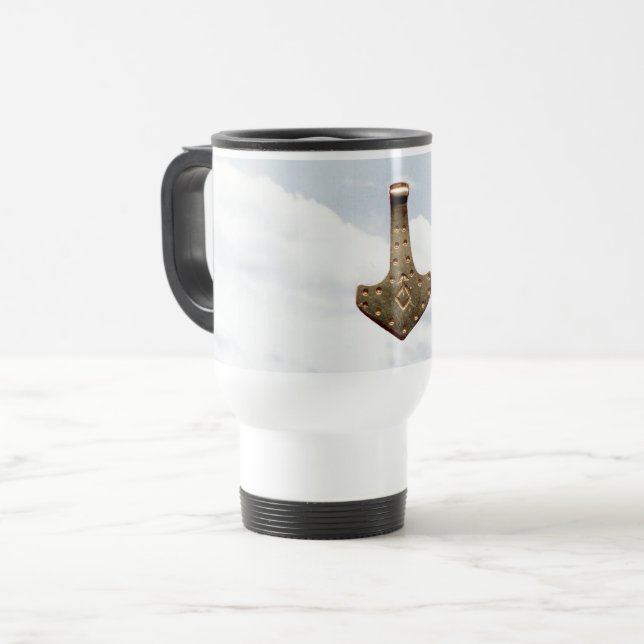 Gold Thor Hammer travel commuter mug (Front Left)