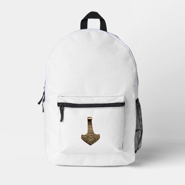 Gold Thor Hammer white backpack (Front)