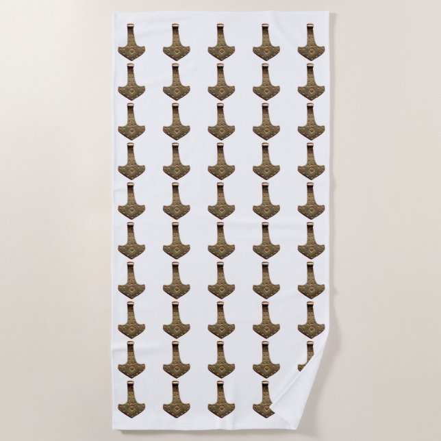 Gold Thor Hammer white beach towel (Front)