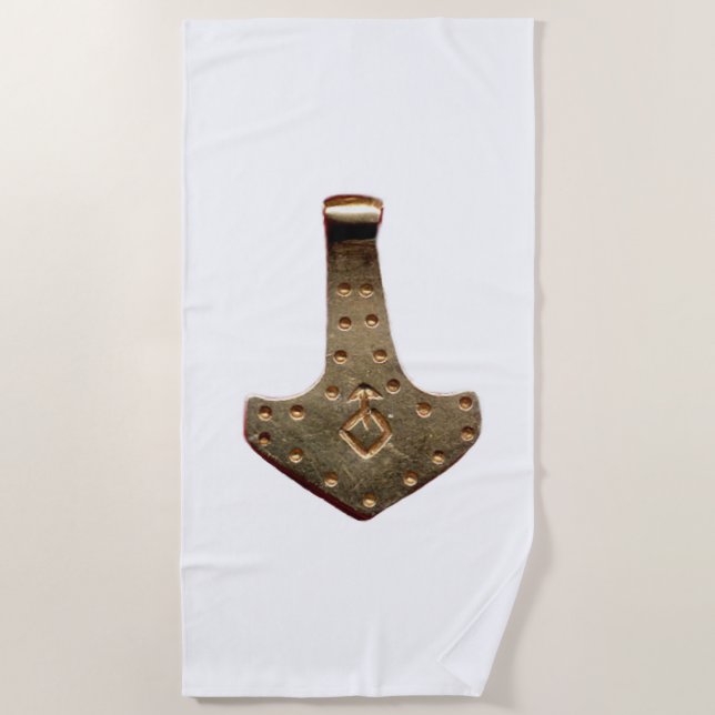 Gold Thor Hammer white beach towel (Front)