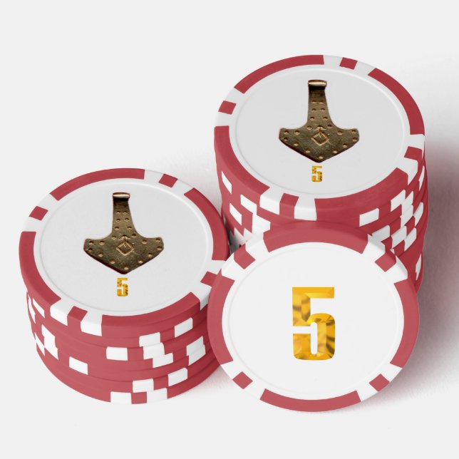 Gold Thor Hammer white red 5 striped poker chip (Stack)