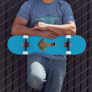 Gold Thor's Hammer blue skateboard