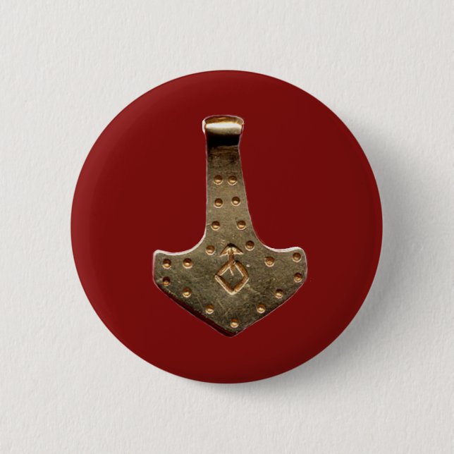 Gold Thor's Hammer red round button (Front)