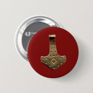 Gold Thor's Hammer red round button