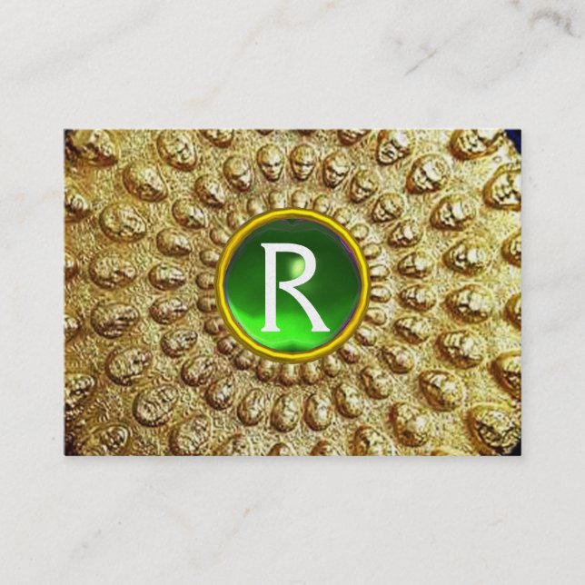 GOLD THRACIAN DISC MONOGRAM  Green Emerald Gem Business Card (Front)