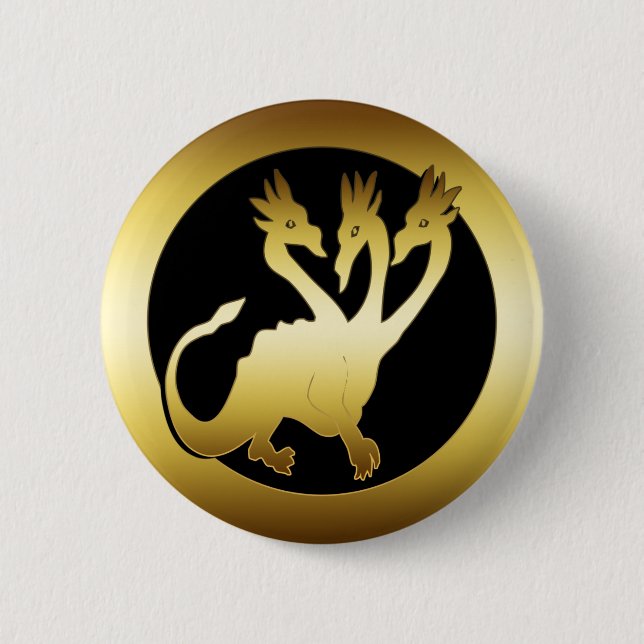 GOLD THREE HEADED DRAGON 6 CM ROUND BADGE (Front)
