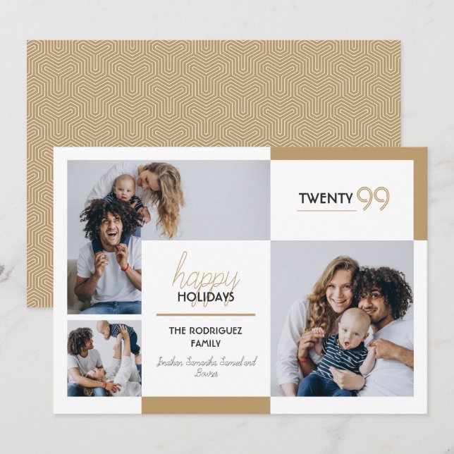 Gold Three-Photo Happy Holidays Holiday Card (Front/Back)