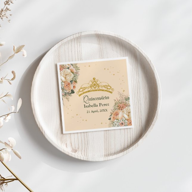 Gold Tiara and Peach Fuzz Floral Quinceanera Napkin (Gold Tiara and Peach Fuzz Floral Quinceanera Napkins on white table with neutral flowers.)