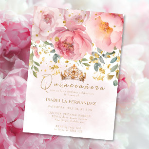 Gold Tiara Blush Pink Elegant Floral Quinceañera Invitation