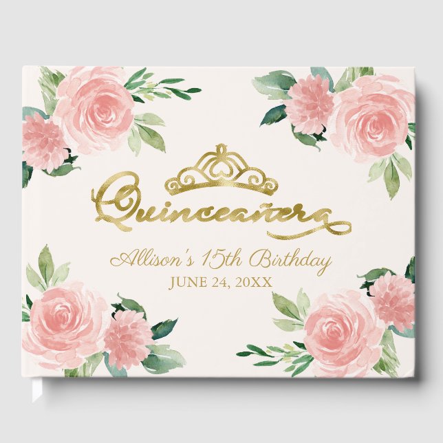 Gold Tiara Blush Pink Floral Quinceanera Guest Book (Front)