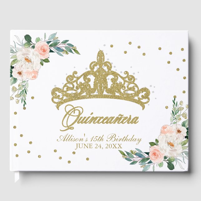 Gold Tiara Blush Pink Floral Quinceanera Guest Book (Front)