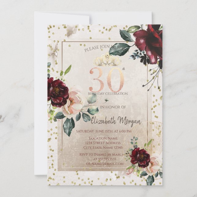 Gold Tiara,Burgundy Flowers  30th Birthday Invitation (Front)