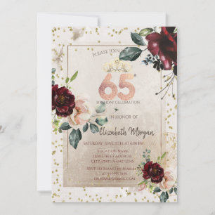 Gold Tiara,Burgundy Flowers  65th Birthday Invitation