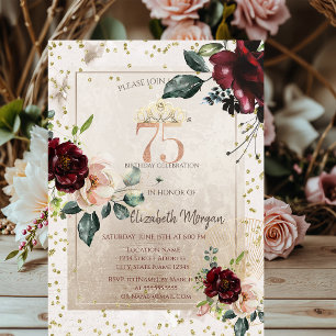 Gold Tiara,Burgundy Flowers  75th Birthday Invitation