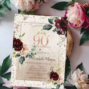 Gold Tiara,Burgundy Flowers  90th Birthday Invitation