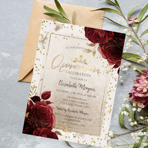 Gold Tiara,Burgundy Flowers Diamonds Quinceañera  Invitation