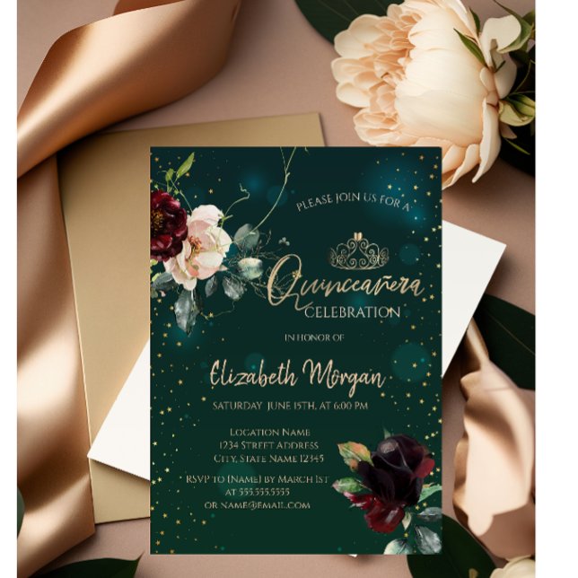 Gold Tiara,Burgundy  Flowers Green Quinceañera  Invitation (Creator Uploaded)
