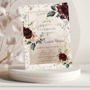 Gold Tiara,Burgundy Flowers Quinceañera  Invitation