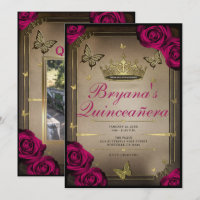 Gold Tiara Butterflies Magenta Roses Quinceañera