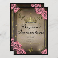 Gold Tiara Butterflies Pink Roses Quinceañera 