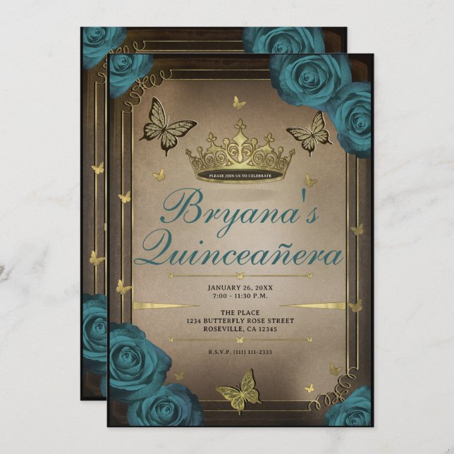 Gold Tiara Butterflies Teal Roses Quinceañera  Invitation (Front/Back)