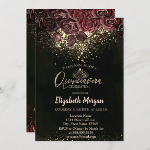 Gold Tiara, Confetti Burgundy Flowers Quinceañera Invitation