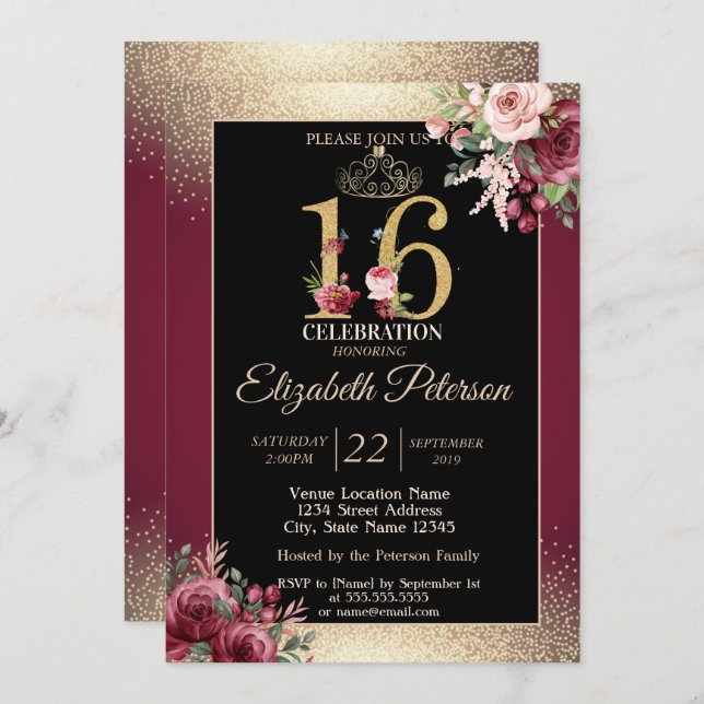 Gold Tiara Confetti Burgundy Sweet 16 Party Invitation (Front/Back)