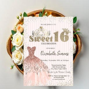 Gold Tiara,Confetti,Dress,Striped Sweet 16 Invitation